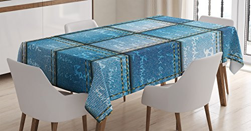 Ambesonne Farmhouse Decor Tablecloth, Double Exposure Jean Pattern on Denim Color Backdrop with Regular Lettering Image, Dining Room Kitchen Rectangular Table Cover, 60W X 84L inches, Blue