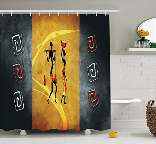 Ambesonne African Decorations Collection, African People Carrying some Local Elements on Their Heads Retro Decor Drawing , Polyester Fabric Bathroom Shower Curtain Set with Hooks, Black Gold