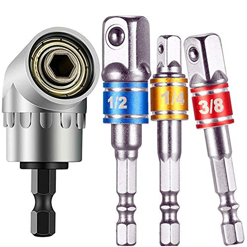 Impact Grade Socket Wrench Adapter Extension Set,105°Right Angle Drill Attachment Bit Extension 1/4-inch Hex Drive Drill Bit Power Socket Screwdriver Set Holder Adaptor+3Pcs Hex Socket Adapter Bit
