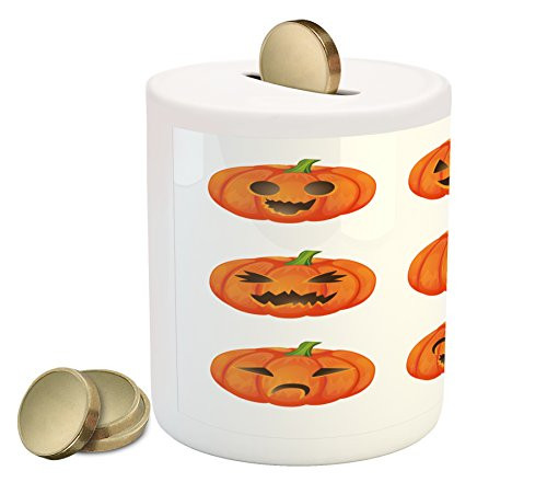 Lunarable Pumpkin Piggy Bank Jack o Lanterns with Various Face Expressions Winking Smiling Sad Surprised Image Printed Ceramic Coin Bank Money Box for Cash Saving Orange Green