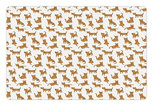Lunarable Cheetah Pet Mat for Food and Water Childish Sketch of Little Wild Animal Silhouettes in Continuous Pattern Print Non-Slip Rubber Mat for Dogs and Cats 18" X 12" White Apricot