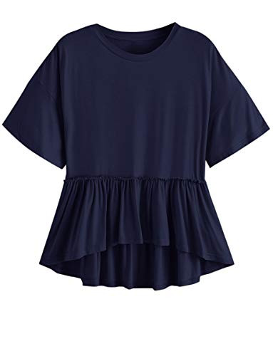 Romwe Women's Loose Ruffle Hem Short Sleeve High Low Peplum Blouse Top Navy Solid L