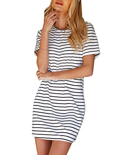 Floerns Women's Casual Short Sleeve Striped Bodycon T Shirt Short Mini Dress White Stripe L