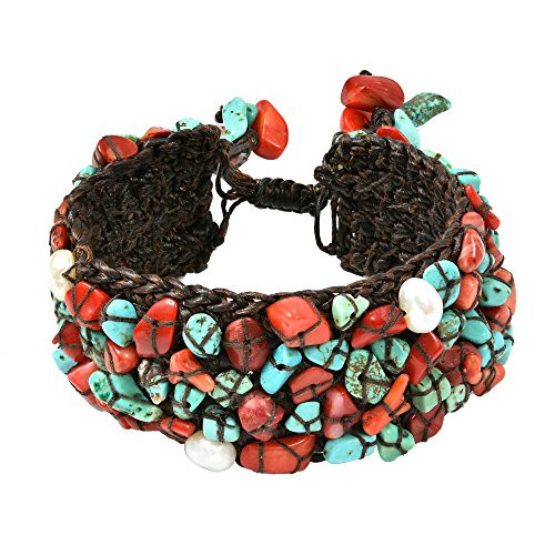 AeraVida Handmade Simulated Turquoise-Reconstructed Red Coral Cotton Wax Rope Adjustable Wrist Pull Bracelet AeraVida Handmade Simulated Turquoise-Reconstructed Red Coral Cotton Wax Rope Adjustable Wrist Pull Bracelet