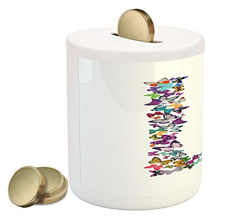 Ambesonne Letter L Piggy Bank Butterfly L Letter Alphabet Animal Themed Vibrant Color Palette Image Font Design Printed Ceramic Coin Bank Money Box for Cash Saving Multicolor