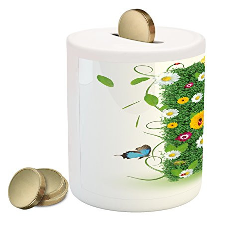 Ambesonne Letter L Piggy Bank Alphabet Capital L Design Daisies Wildflowers Other Plant Life Animal Fun Printed Ceramic Coin Bank Money Box for Cash Saving Green Multicolor