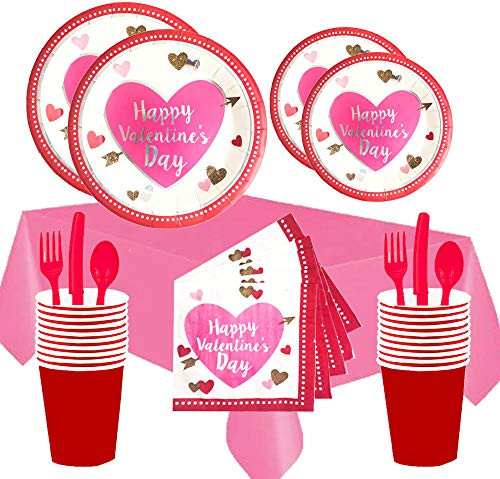 Valentines Day Party Bundle for 16 Guests - Happy Valentines Day Foil Hearts - Disposable Dinner Plates, Dessert Plates, Napkins, Cups, Silverware, Table Cover (117 Piece)