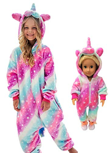 Unicorn Onesie Costume Matching Doll  and  Girls Gifts -Soft rose starlight 7-8 Years-