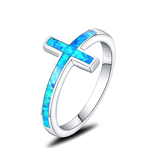 Mozume Created Blue Opal Christian Sideways Cross Ring 925 Sterling Silver -7-