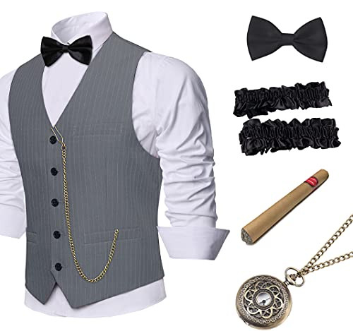 BABEYOND 1920s Mens Gatsby Gangster Vest Fedora Hat Armbands Costume Accessories Set -A-Gray Stripe L-