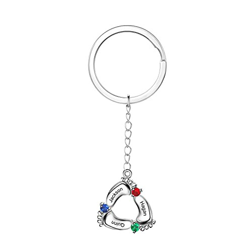 Personalized Mother Baby Feet Keychain with 1-6 Simulated Birthstone Custom Engraved 1-6 Family Name Baby Feet Key Ring for Mother's Day Birthday Jewelry Gifts for New Born Mother Wife Grandma-3 name-