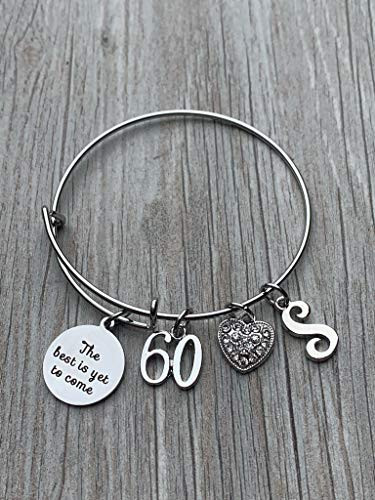 Personalized 60th Birthday Initial Bangle Gifts for WomenThe Best is Yet To Come 60th Birthday Expandable Charm Bracelet Adjustable Bangle Perfect 60th Birthday Gift Ideas