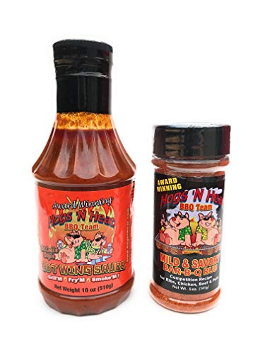 Hogs N Heat Hot Wing Sauce -18 Ounce Bottle- and Mild  and  Savory BBQ Rub -5 Ounce Shaker- Perfect Combo for St. Louis Style Buffalo Wings--great for grilled-smoked AND baked-fried chicken