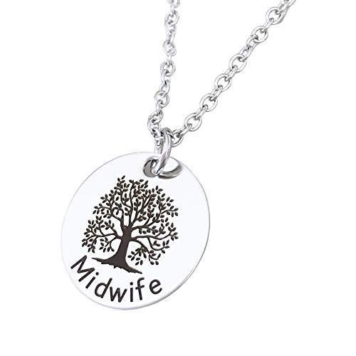 Silver Midwife Tree of Life Pendant Necklace for Women - 18-inch Stainless Steel Cable Chain