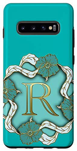 Galaxy S10 plus Aesthetic Turquoise Blue Floral Flower Initial R Monogram Case