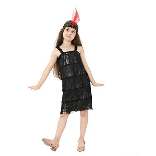 Leadtex Girl's 20s Flapper Dresses Costume Dress Childrens Party Fringed Dresses with Feather HeadbandSize L?10-12?Black