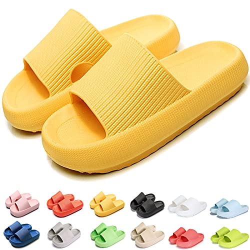 Pillow Slides Non-Slip Quick Drying Open Toe Super Soft Thick Sole Sandals Slippers Massage Shower Bathroom Slipper Super Soft Home Slippers for Women and Men EVA Platform Yellow 38 39