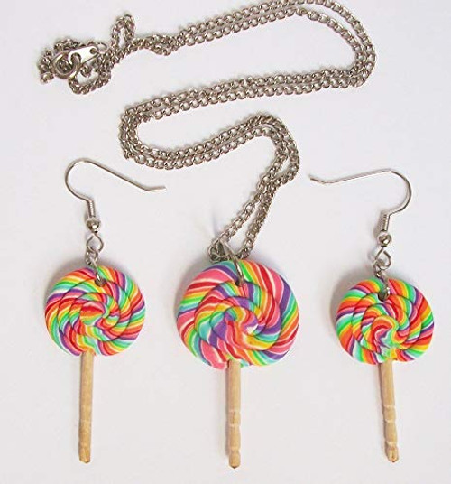 Rainbow Lollipop Sucker Candy Earring and Necklace Set on 18 inch Silver Chain Halloween Christmas Play Theatre Rainbow Lollipop Sucker Candy Earring and Necklace Set on 18 inch Silver Chain Halloween Christmas Play Theatre