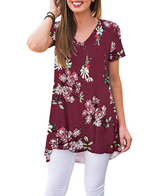 WNEEDU Women's Summer Casual Short Sleeve T-Shirt V-Neck Tunic Tops Basic Shirts Floral Burgundy L
