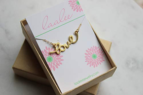 Gold Love Necklace Love Charm Necklace Script Love Necklace 14k Gold Filled Chain 18"