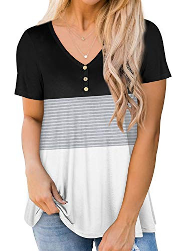 Womens Color Block Summer Short Sleeve Tee Shirts Plus Size Flowy Tshirt Tops L