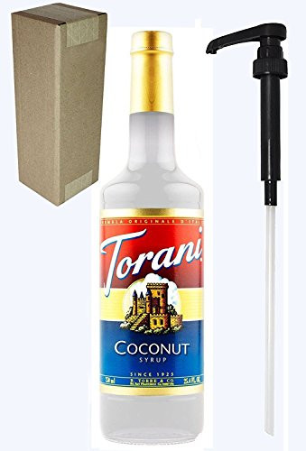 Torani Coconut Flavoring Syrup 750mL -25.4 Fl Oz- Glass Bottle Individually Boxed With Black Pump