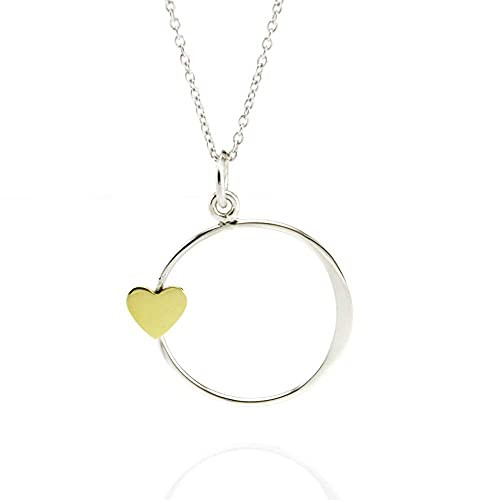 Sterling Silver Circle Charm with Bronze Heart Necklace 18"