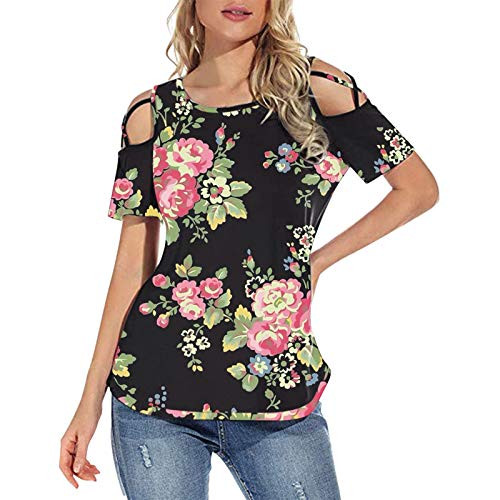 Iusun Women Short Sleeve Tops T-Shirt Blouse O-Neck Sexy Floral Print Strappy Cold Shoulder Summer Casual Tunic Iusun Women Short Sleeve Tops T-Shirt Blouse O-Neck Sexy Floral Print Strappy Cold Shoulder Summer Casual Tunic