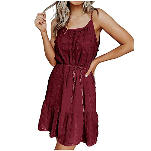Women Summer Mini Dress Women Chiffon O-Neck Solid Sleevless Sling Drawstring Short Mini Dress Flowy Pleated Dress