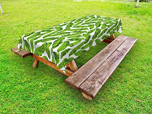 Lunarable Leaf Outdoor Tablecloth, Exotic Hawaiian Summer Foliage Island Holiday Summer Greenery Leaves Print, Decorative Washable Picnic Table Cloth, 58 X 84 inches, Fern Green and Yellow