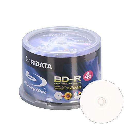 50 Pack Ridata 4X BD-R BDR 25GB Single Layer Blue Blu-ray White Inkjet Hub Printable Recordable Blank Media Disc with Spindle Packing