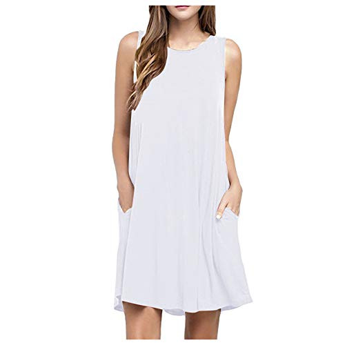 MoKFE Womens DressesWomen O Neck Casual Pockets Sleeveless Above Knee Dress Loose Party Dress White MoKFE Womens DressesWomen O Neck Casual Pockets Sleeveless Above Knee Dress Loose Party Dress White
