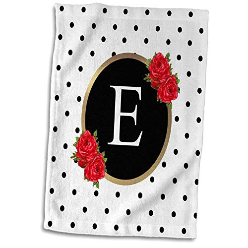 3dRose InspirationzStore - Monograms - Letter E Monogram black and white polka dots with red roses flowers - 15x22 Hand Towel -twl-317346-1-
