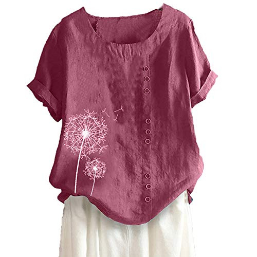 Cotton Linen Tops for Women Fashion Dandelion Print Blouses Plus Size Short Sleeve T Shirt Casual O Neck Tunic Tee Hot Pink