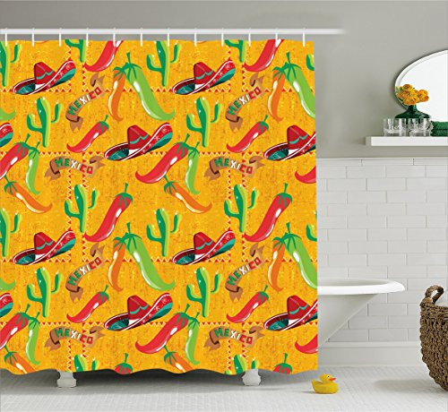 Mexican Decorations Shower Curtain by Ambesonne, Elements with Cactus Hat Chili Pepper Pattern over Grunge Background Print, Fabric Bathroom Decor Set with Hooks, 70 Inches, Multi