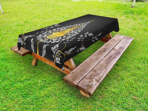 Lunarable Asian Outdoor Tablecloth, Ancient Thai Character with Floral Elements Meditation Illustration, Decorative Washable Picnic Table Cloth, 58 X 84 Inches, Charcoal Grey Yellow White