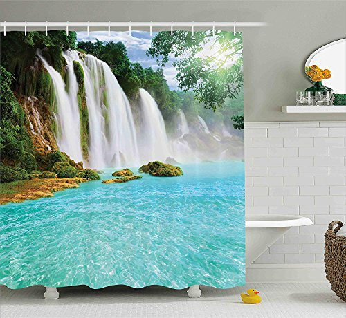 Ambesonne Waterfall Decor Collection, Ban Gioc- Detian Waterfall Forest Tropical Waterscape Clear Pool Picture, Polyester Fabric Bathroom Shower Curtain Set with Hooks, Turquoise Green Blue