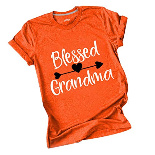 F-Gotal Womens Blessed Grandma Letter Printed O Neck Short Sleeve Fashion Summer Casual Tunic T-Shirts Blouse Tops Orange
