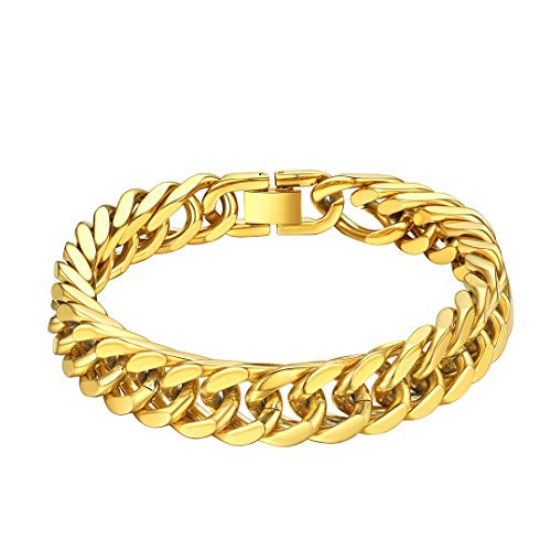 18k Real Gold Plated Curb Cuban Chain Bracelet Stainless Steel Link Bracelet for Men Boys 17mm 23cm