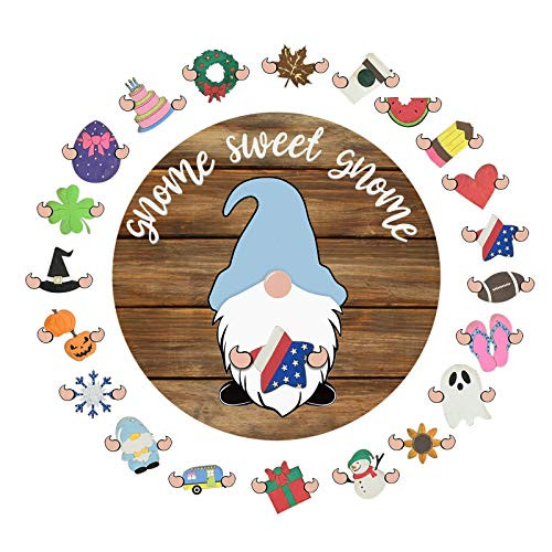 Interchangeable Pieces Welcome Sign for Front Door Outdoor Round Wood Hanging Front Porch Decor Gnome Home Welcome Sign with Seasonal Interchangeable Holiday Decoration for Spring Summer -E-