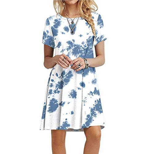 Ranoff Dress for Women Short Sleeve Sundress O Neck Skirt Tie Dye Graphic Tunic Skirt Loose Casual T Shirt Mini Swing Dresses -Blue XL-
