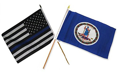 K's Novelties 12x18 12"x18" Wholesale 2 Flag Combo USA Police Blue  and  Virginia State Stick Flag