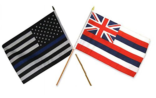 K's Novelties 12x18 12"x18" Wholesale 2 Flag Combo USA Police Blue  and  Hawaii State Stick Flag