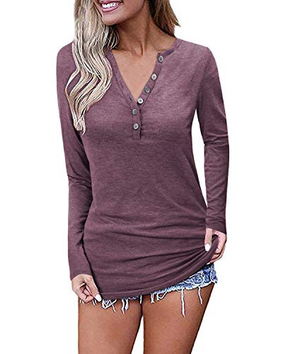 OUGES Womens Long Sleeve V-Neck Button Causal Tops Blouse T Shirt-RedXXL-