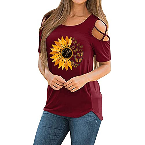 Women Floral Printed Casual Tops Summer Short Sleeve T-Shirt O-Neck Tunic Shirt Solid Color Basic Tops Blouses Red