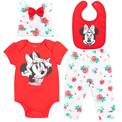 Disney Minnie Mouse Baby Girls Layette Set- Bodysuit Pants Hat Bib Red-White 6-9 Months