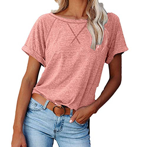 OutTop Womens Short Sleeve Shirts Casual Crewneck Pathwork Tunic Tops Loose Solid Comfy Daily Tshirts Blouse Top -Pink L-