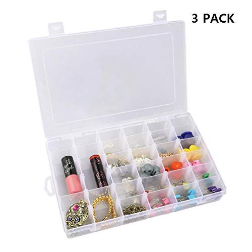 Eutuxia Clear Plastic Jewelry Organizer Box with 36 Compartments, Hard Storage Box with Adjustable Dividers [3 Pk]