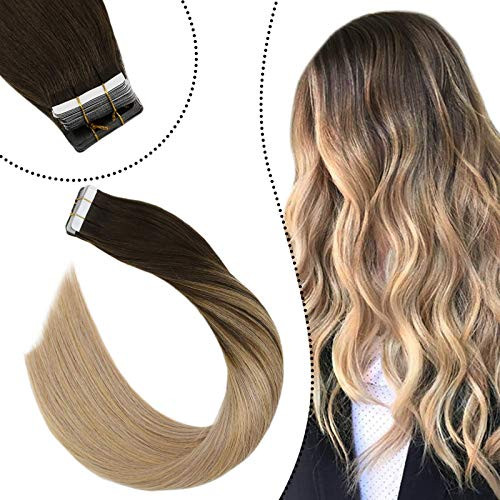 Ugeat Tape in Hair Extensions Human Hair 12inch Balayage Hair Extensions Tape in 30g Ombre Human Hair Tape in Extensions 20pcs Dark Brown to Blonde Hair Extensions 2-27-18