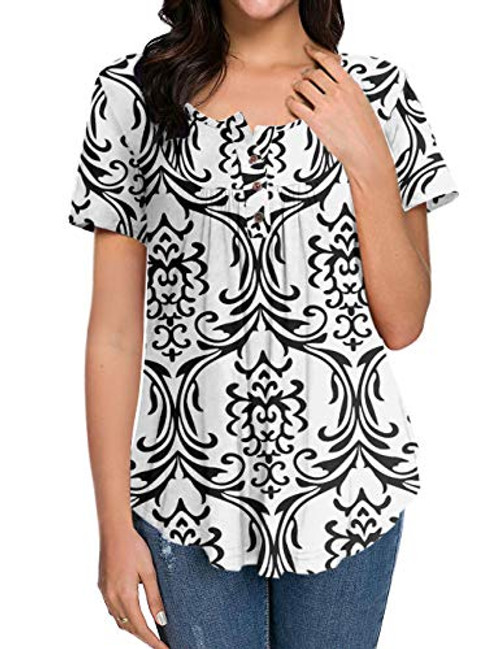 HAOMEILI Women's Printed Short Sleeve Henley V Neck Pleated Casual Flare Tunic Blouse Shirt L Black White HAOMEILI Women's Printed Short Sleeve Henley V Neck Pleated Casual Flare Tunic Blouse Shirt L Black White
